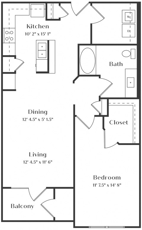 Floor plan for 1 bed, 1 bath, 853 sqft